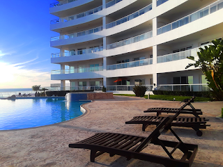 Three interconnected oceanfront swimming pools and Jacuzzis at Las Palmas in Rosarito Beach Mexico